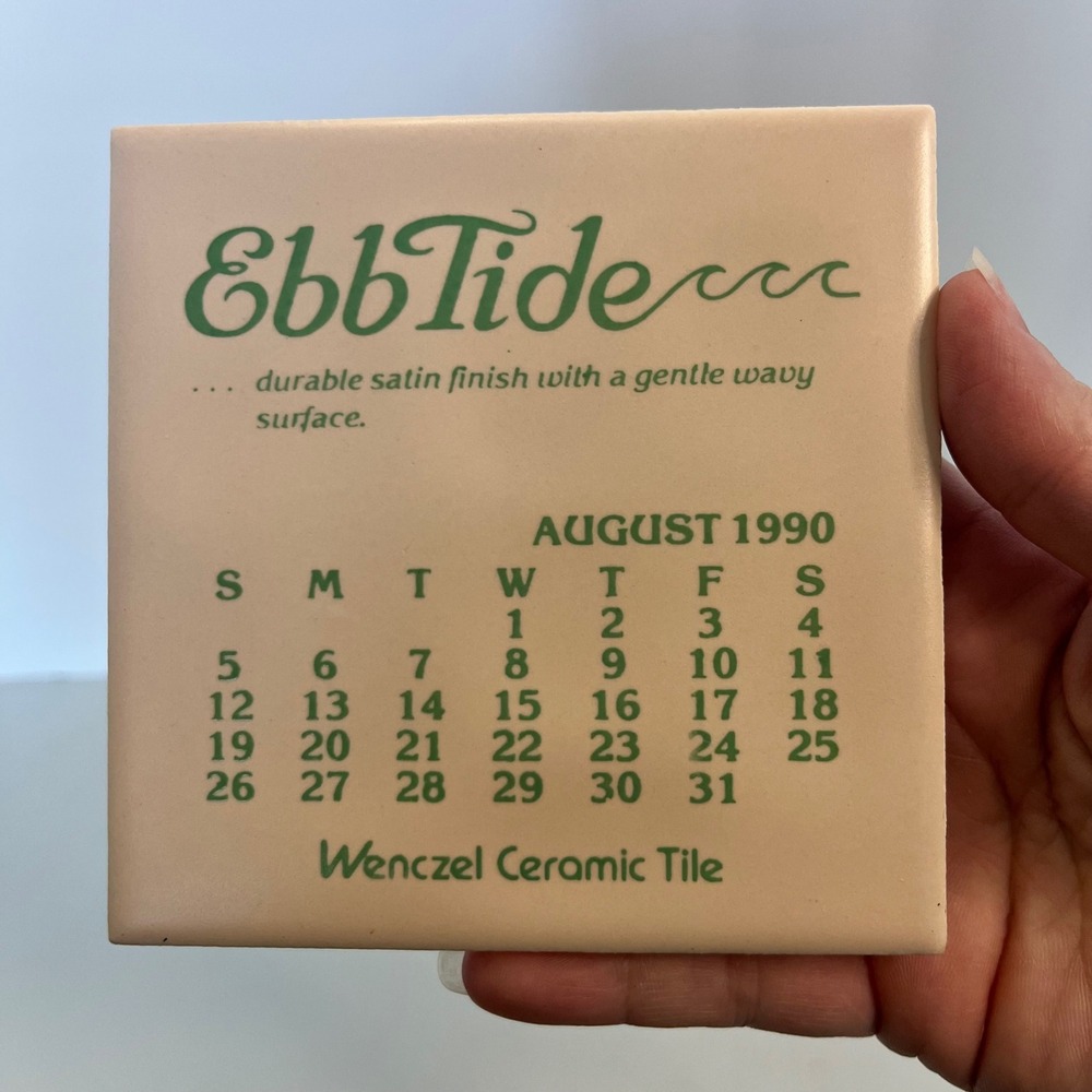 Vintage Wenczel Ceramic Tile August 1990 EbbTide Calendar Pink Green 4.25 Inch